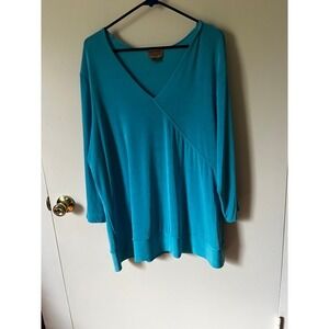 Choices Woman Turquoise Blue V-Neck Faux Wrap 3/4 Sleeve Tunic Top Size 3X